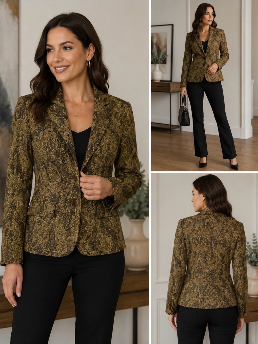 Grace Elements Women’s Size 14 Gold Brown Paisley Jacquard Blazer Jacket